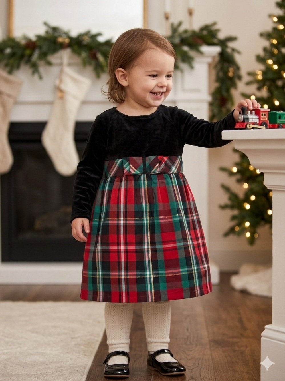 Velvet and Plaid Holiday Dress by Healthtex 3T Black Multi